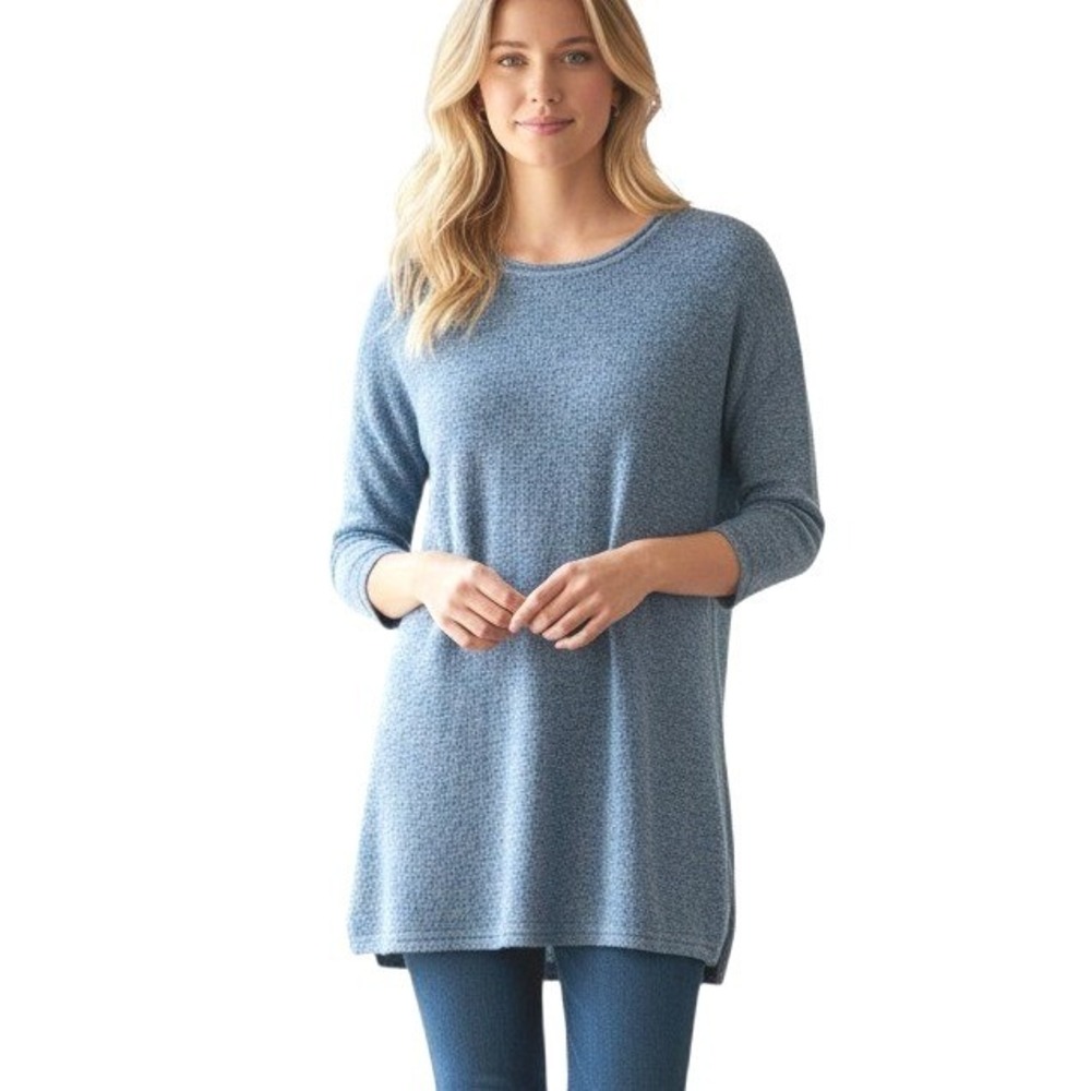 Lands End‎ Blue Heathered Knit Sweater 3/4 Sleeve Crew Neck Tunic Women's Medium